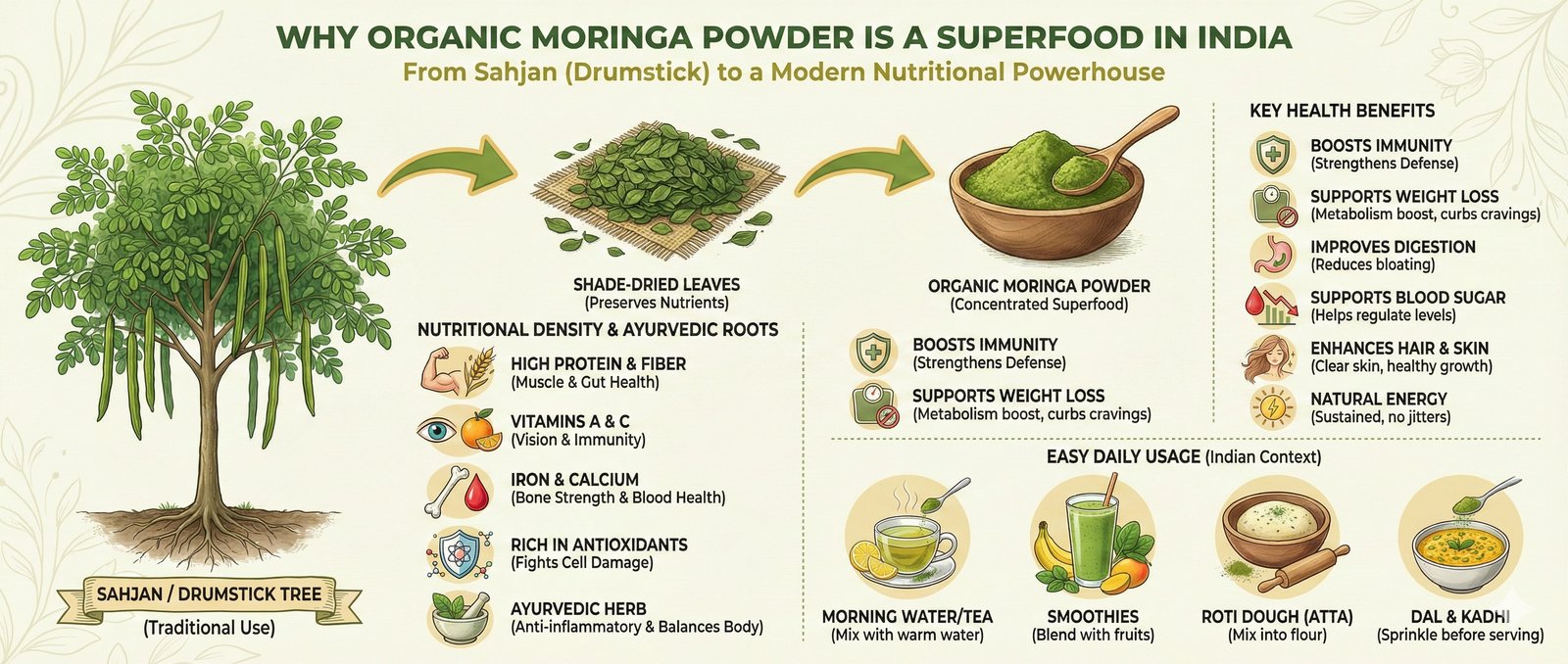 Organic moringa powder benefits — nutrition profile and superfood properties infographic