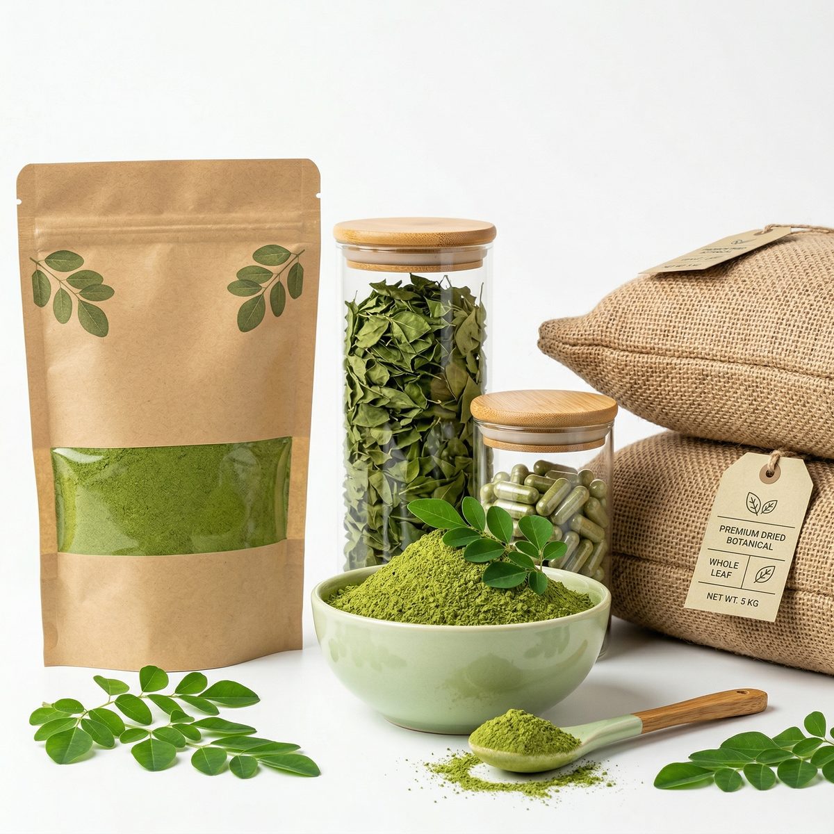 Moringa leaf powder — deep uniform green colour indicating low-temperature air-dried product
